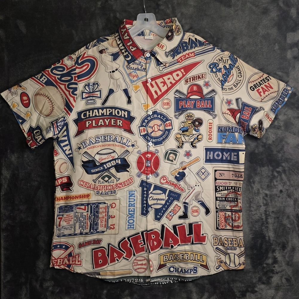 Baseball Print Men's Short Sleeve Button Up. Xl